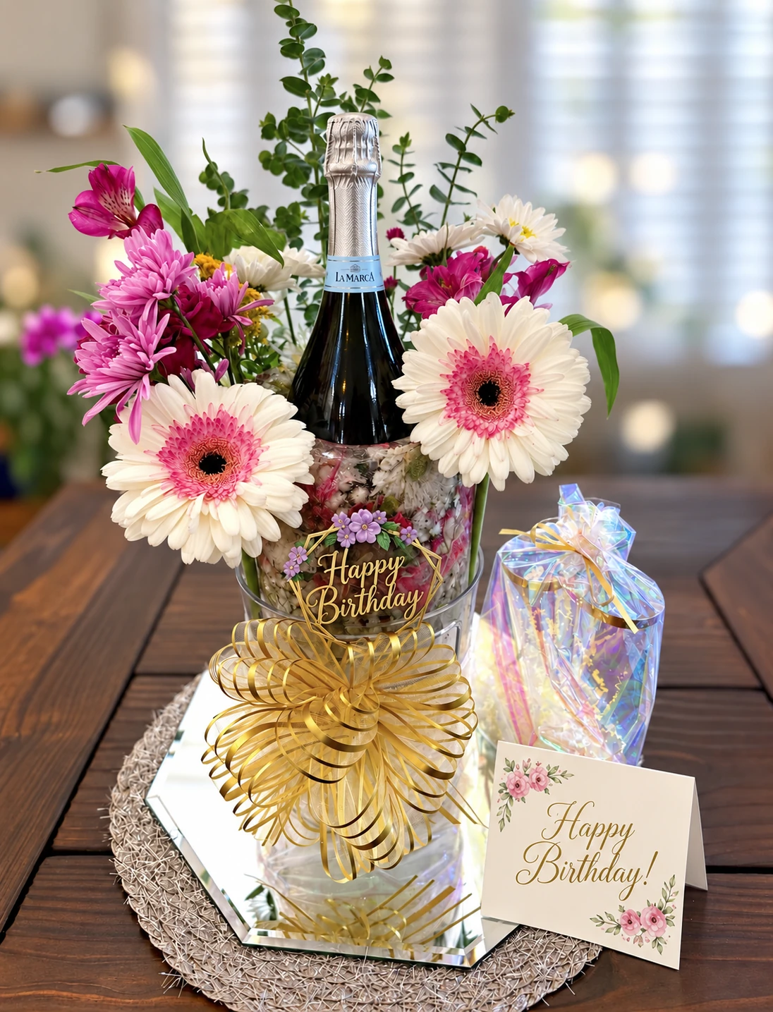 Celebration Bloom birthday presentation with La Marca Prosecco and cream, pink and lavender flowers