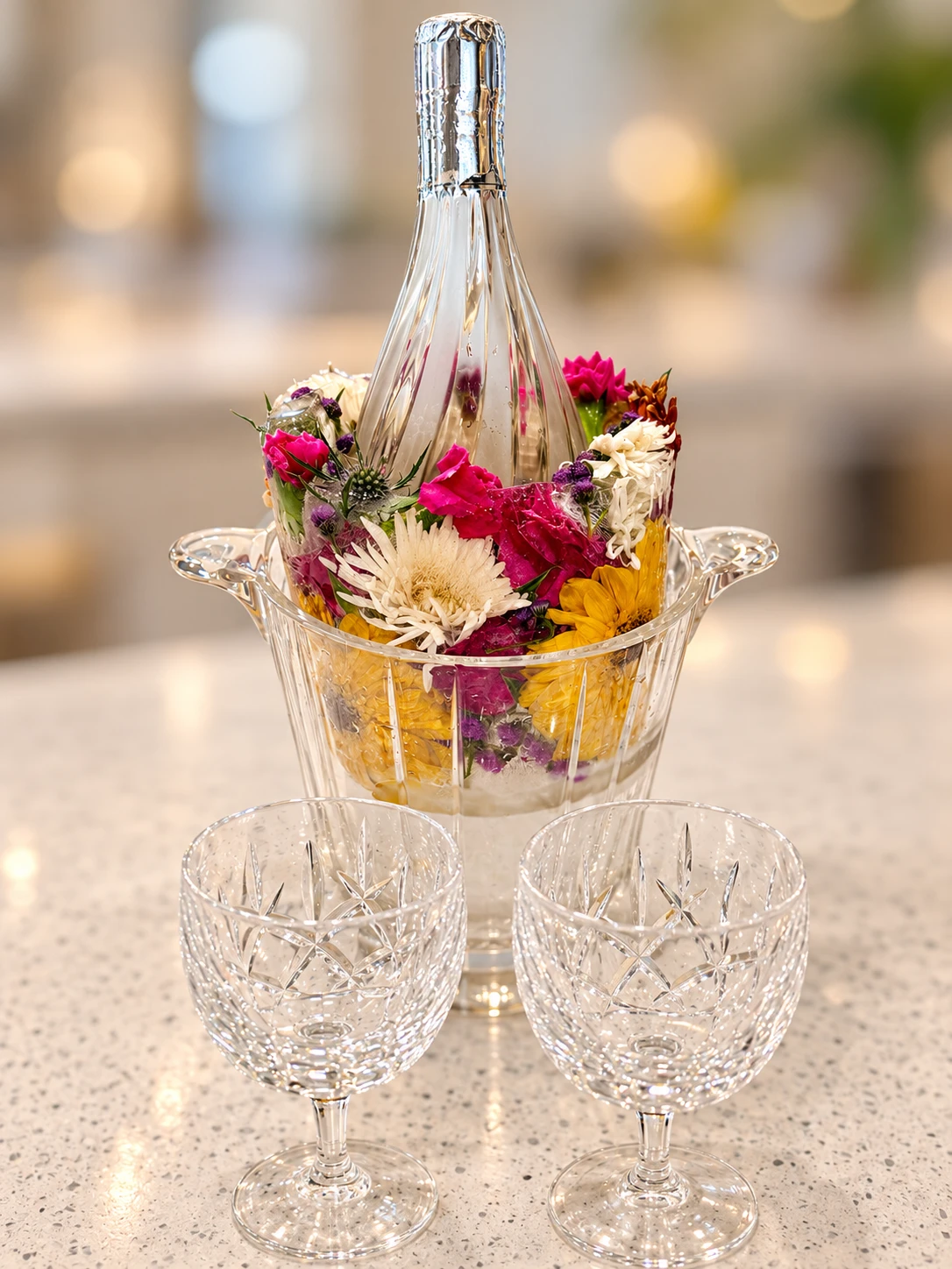 Colorful flowers frozen in a floral ice chiller with two crystal glasses