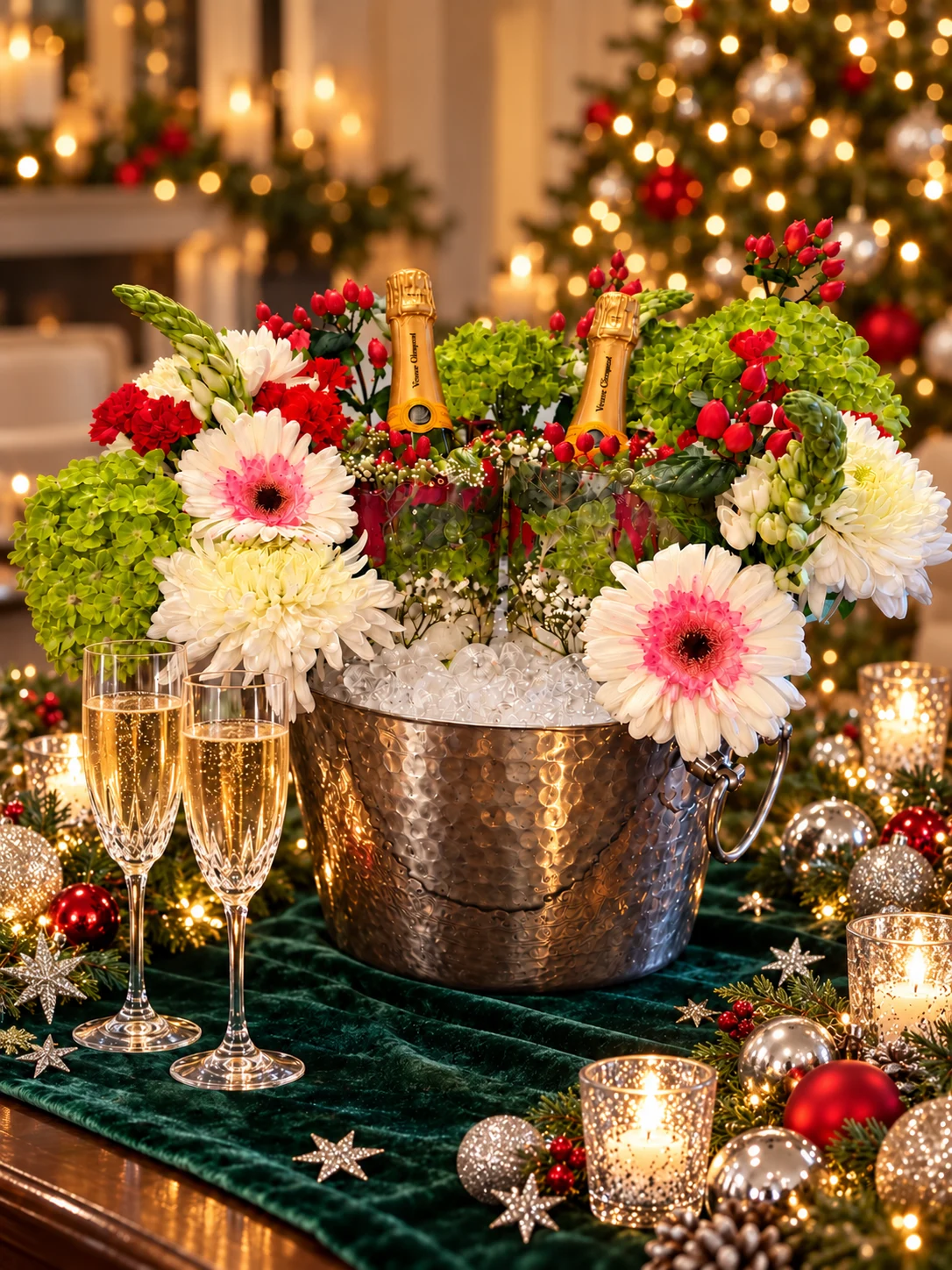 Floral ice champagne centerpiece in a festive holiday setting