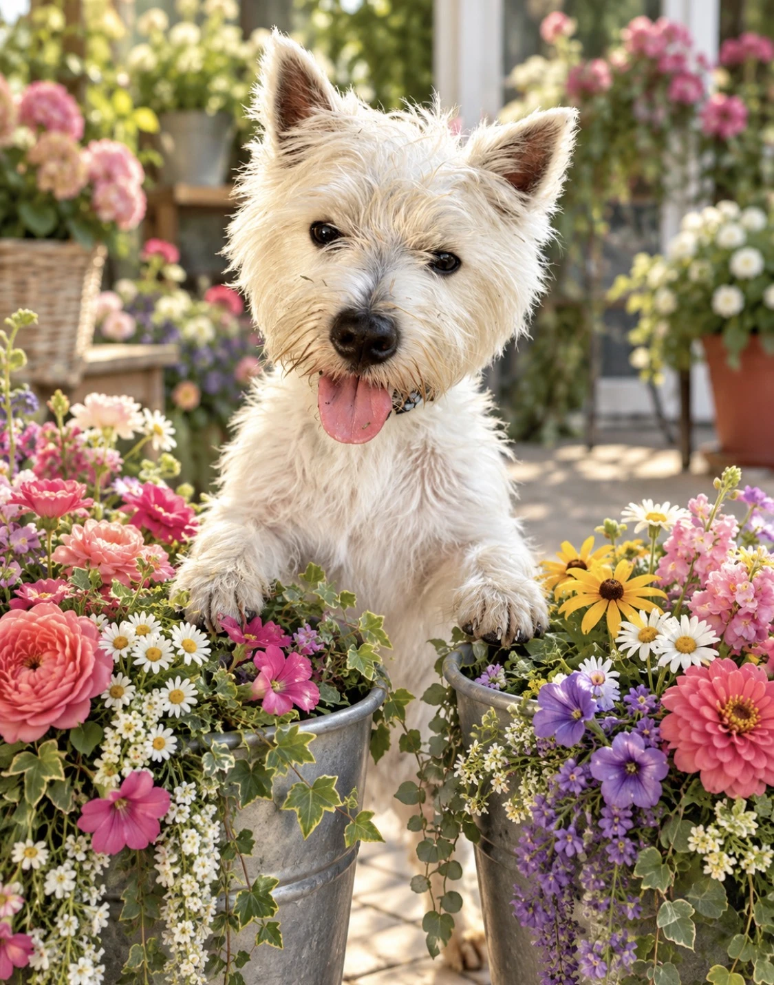 Ollie Bear, Chief Barketing Officer, with his front paws resting on buckets of colorful flowers