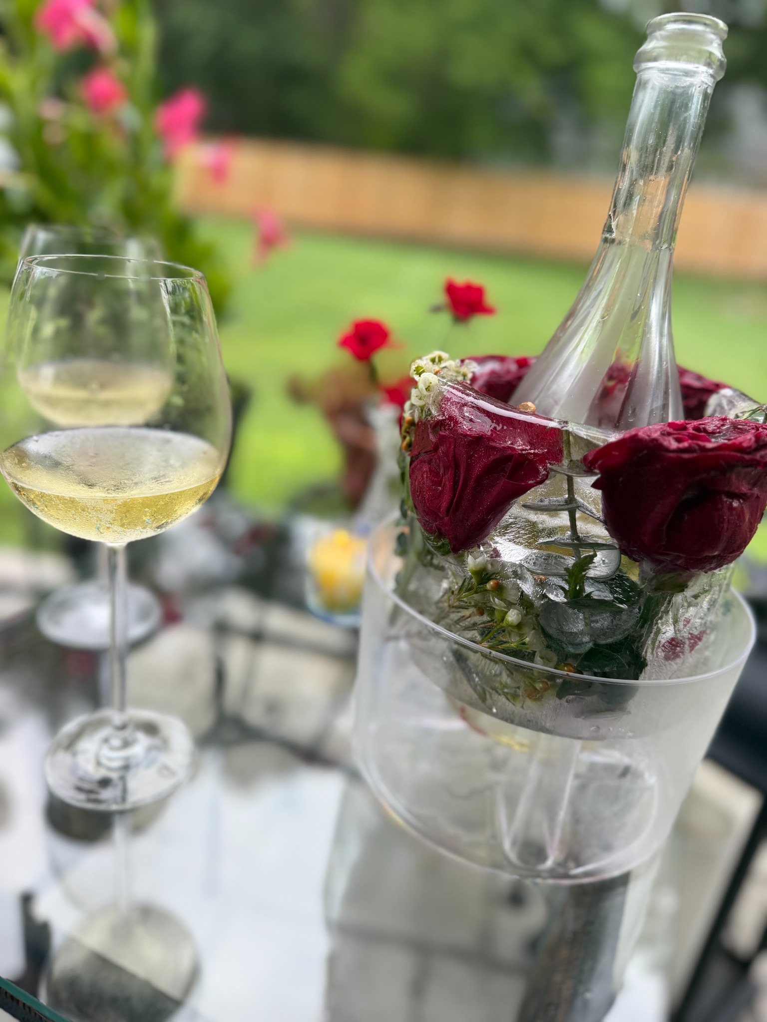 Floral ice bottle chiller with deep red roses